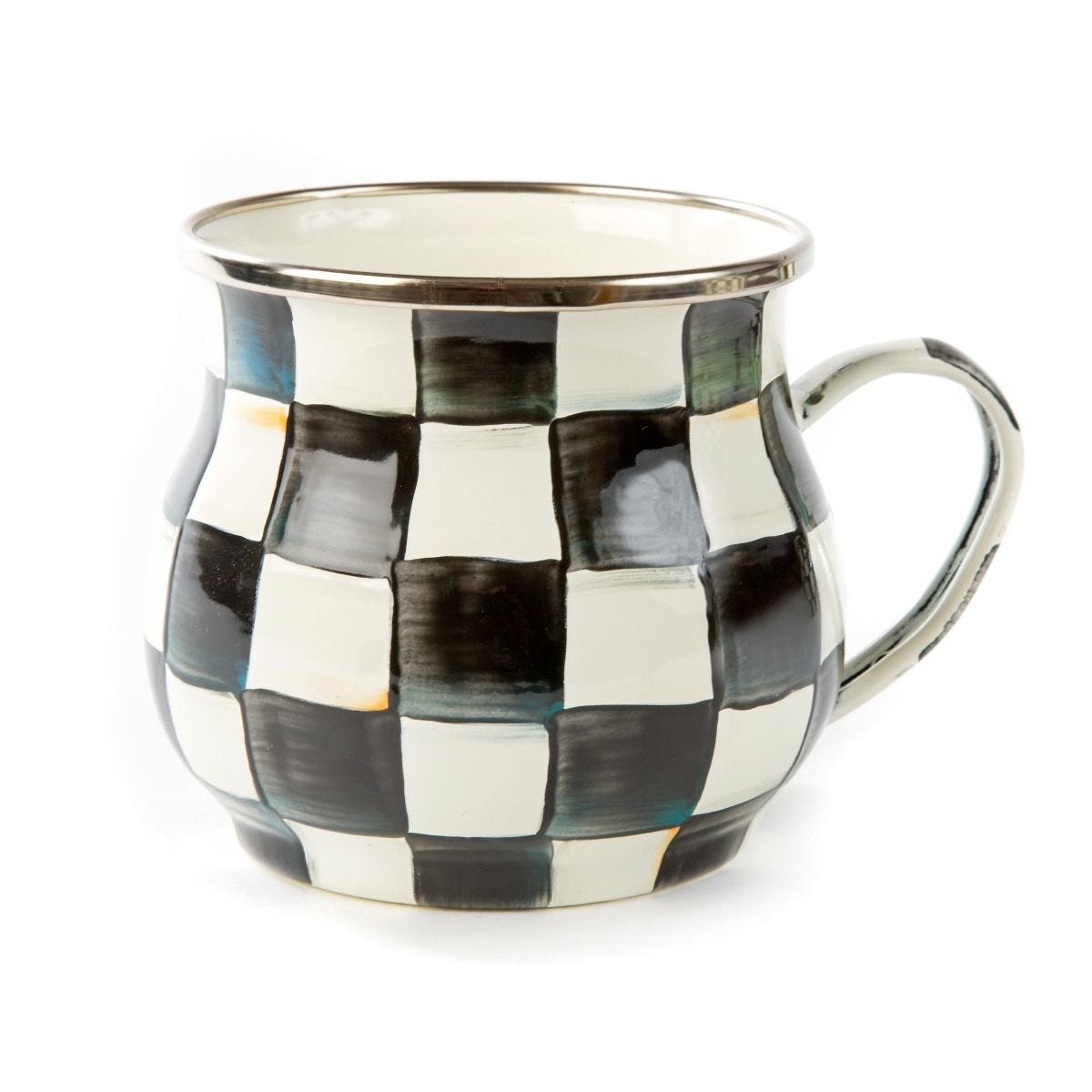 MacKenzie-Childs Courtly Check enamel mug with gold rim, UK version