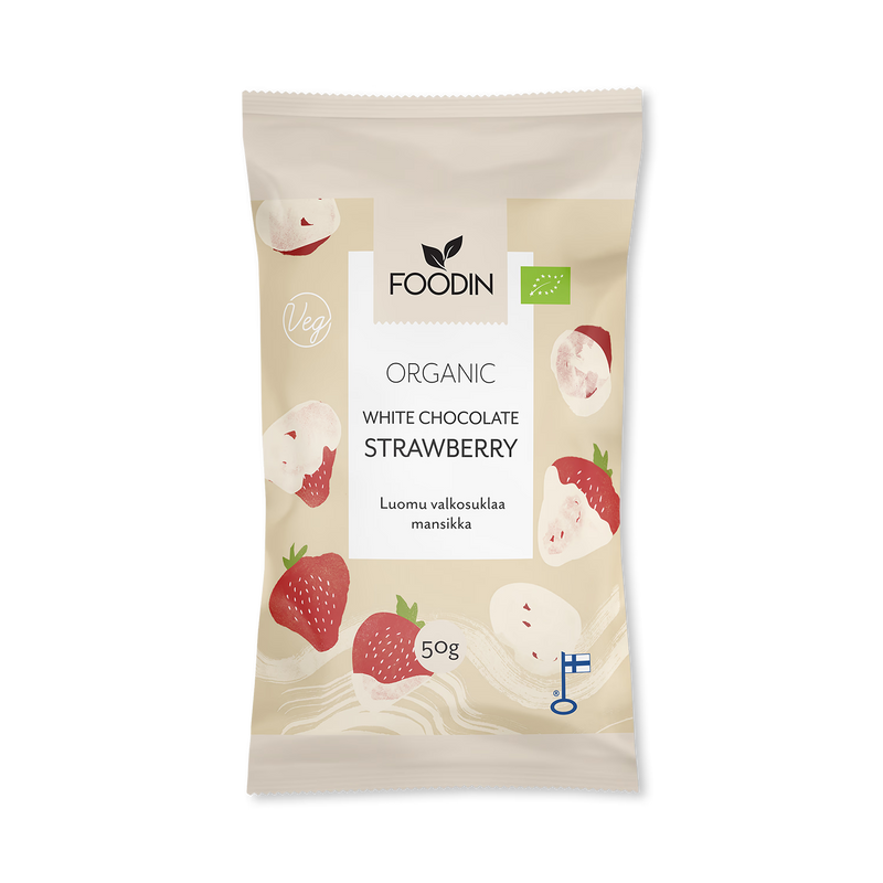 Organic raw white chocolate strawberry bar 8x50g, imported from the UK