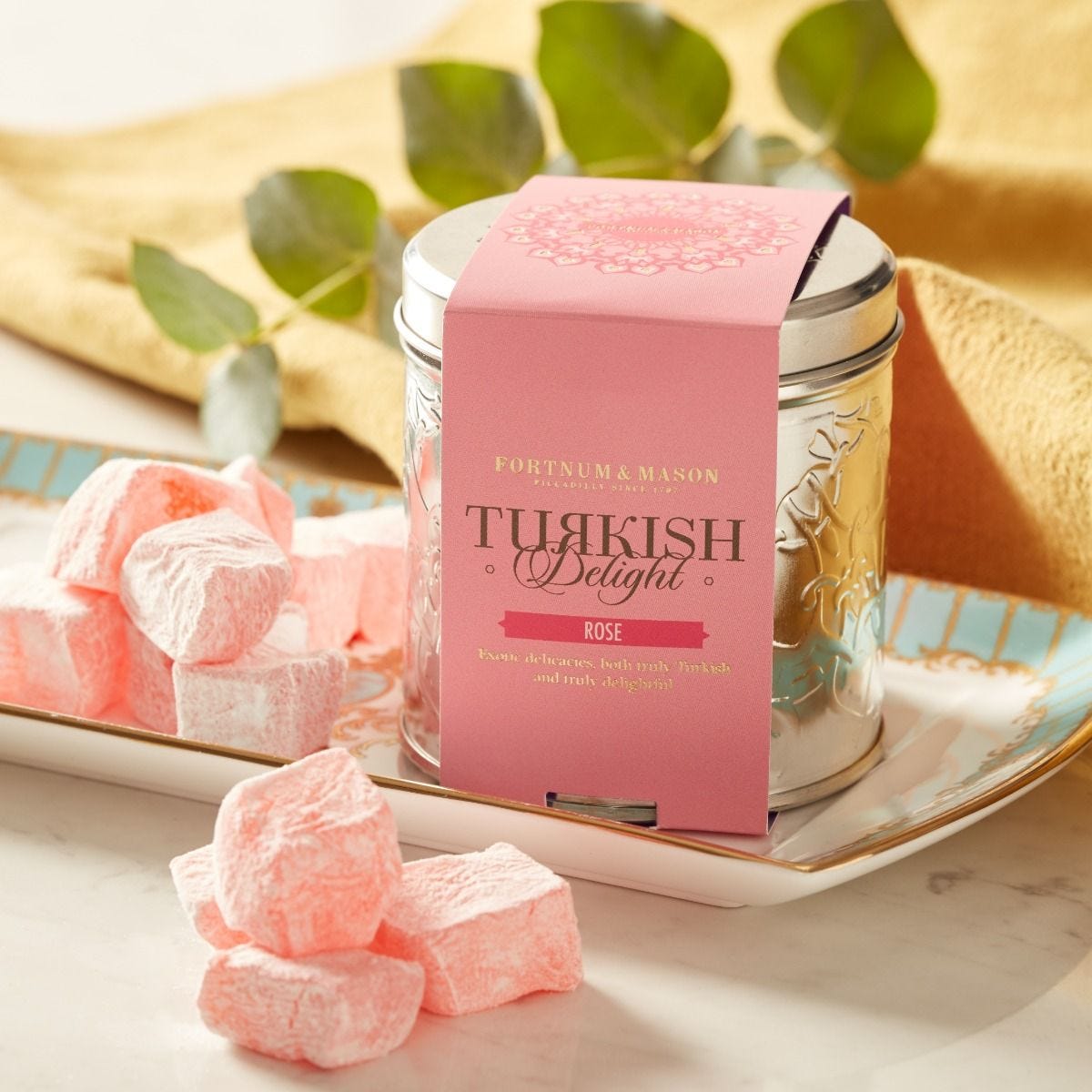 Fortnum's rose Turkish delight in a 125g tin, UK version