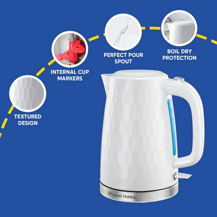 Russell Hobbs Honeycomb White plastic kettle 1.7L (British brand)
