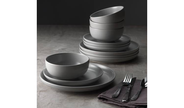 Habitat 12 piece stoneware dinner set in matte grey, imported from the UK