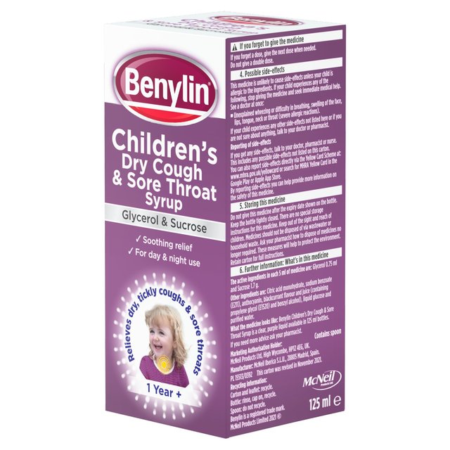 Benylin Childrens Dry Cough & Sore Throat Syrup Blackcurrant   125ml GOODS M&S   