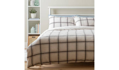 Argos Argos Home Checked Grid Fleece Cream Bedding Set Single Duvet Cover and Pillowcase- Buy online at McGrocer