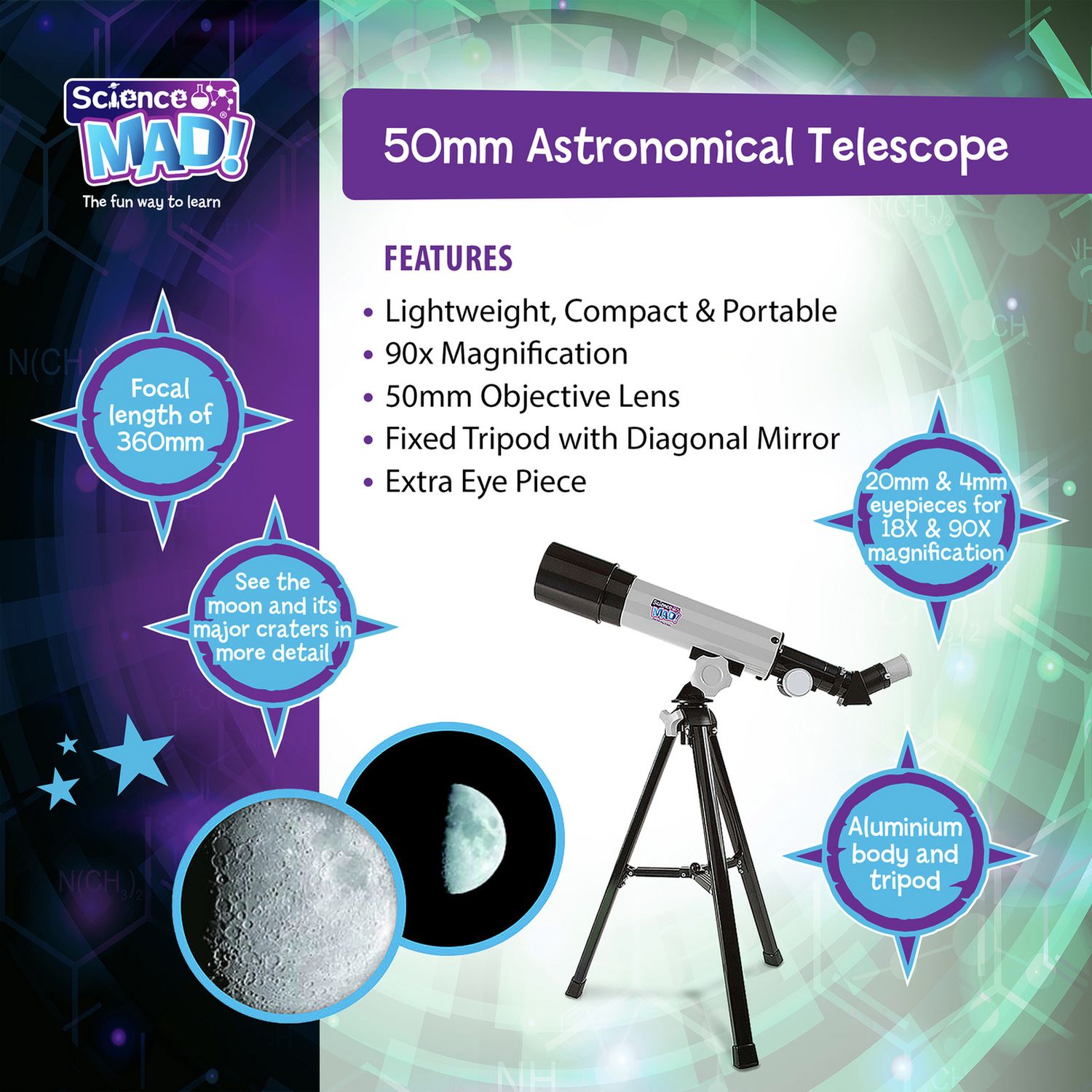 Science Mad 50mm telescope with tripod - British product