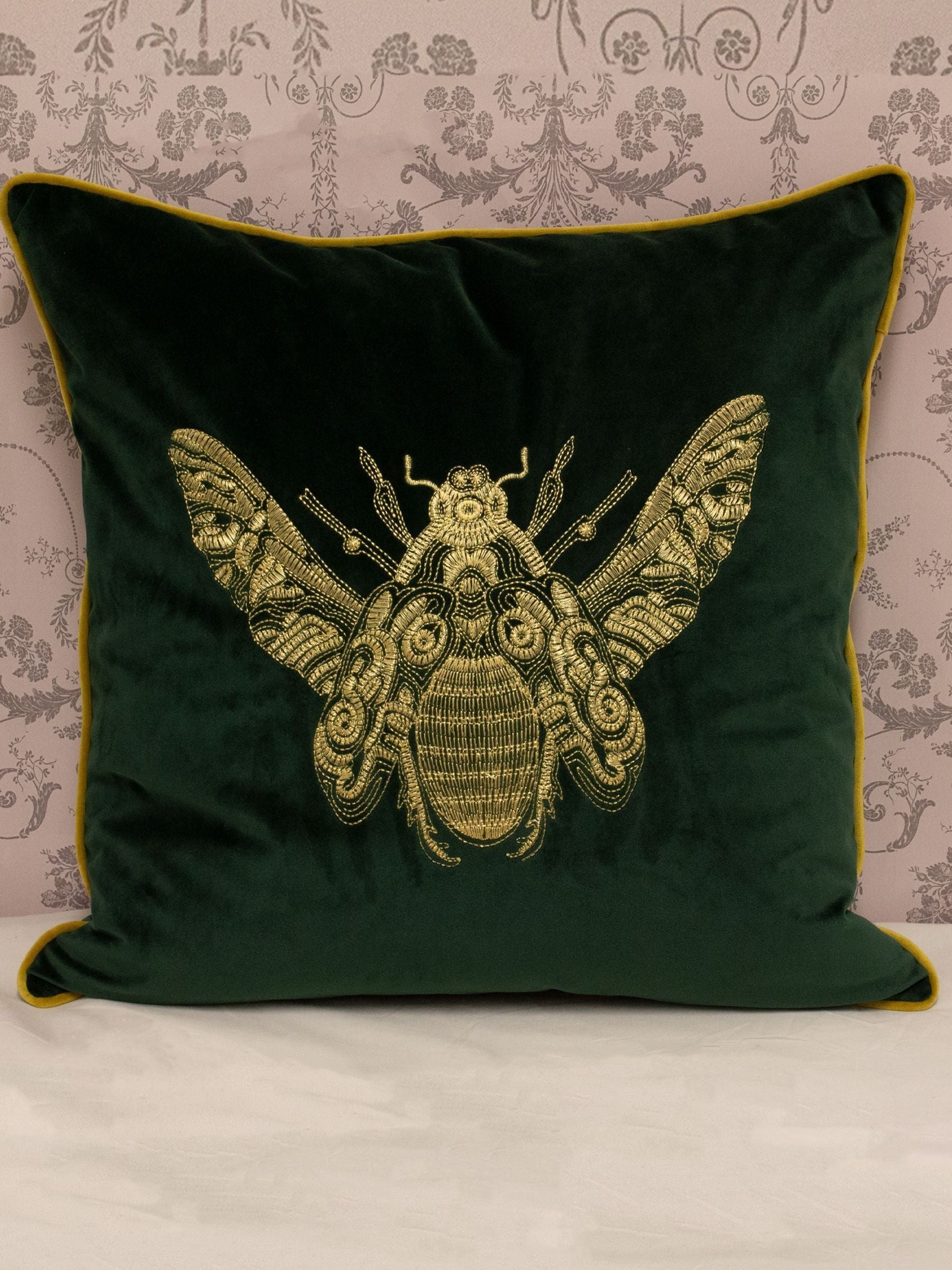 Riva Paoletti emerald green velvet cushion with gold bee (British brand)