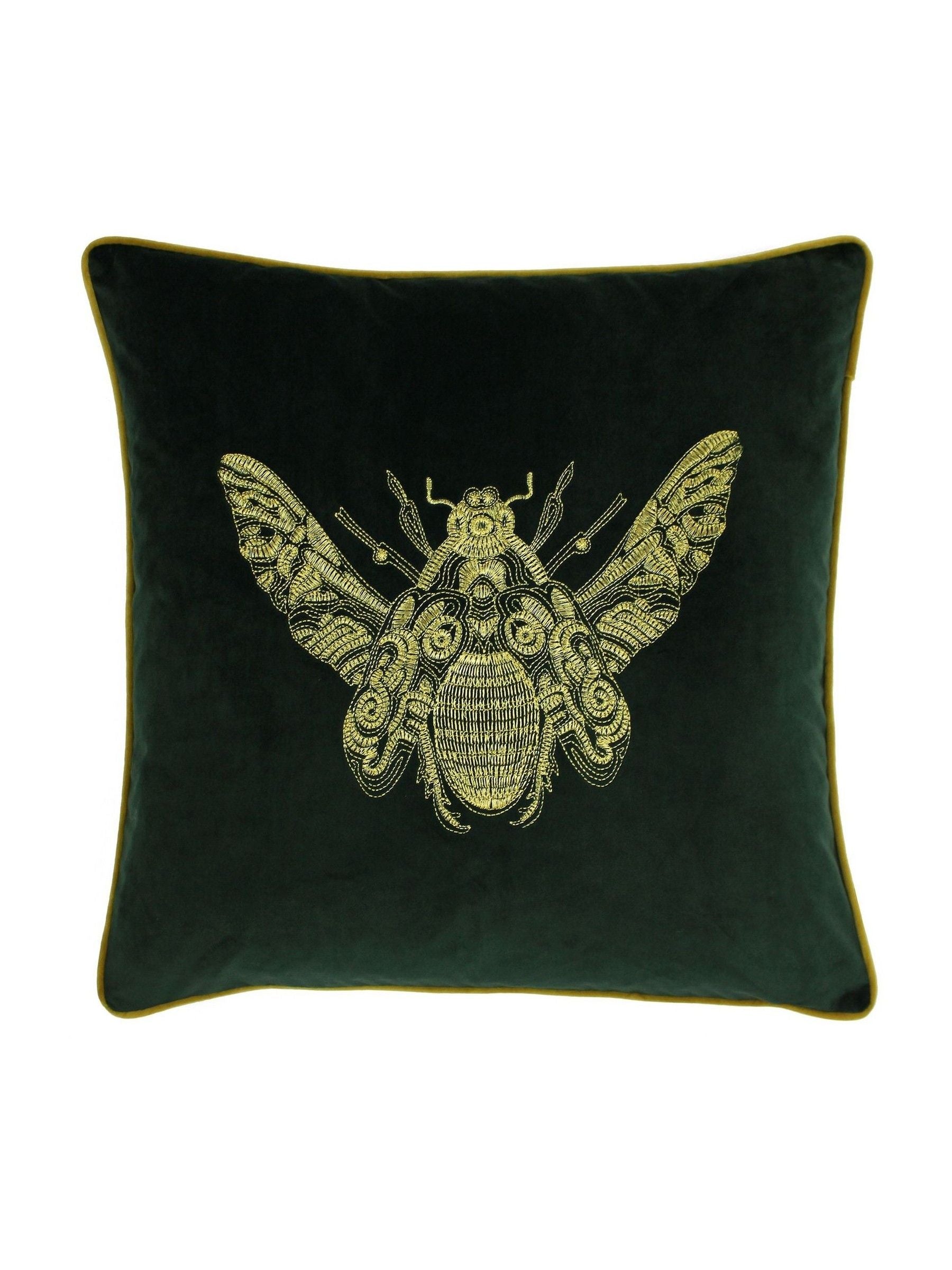 Riva Paoletti emerald green velvet cushion with gold bee (British brand)