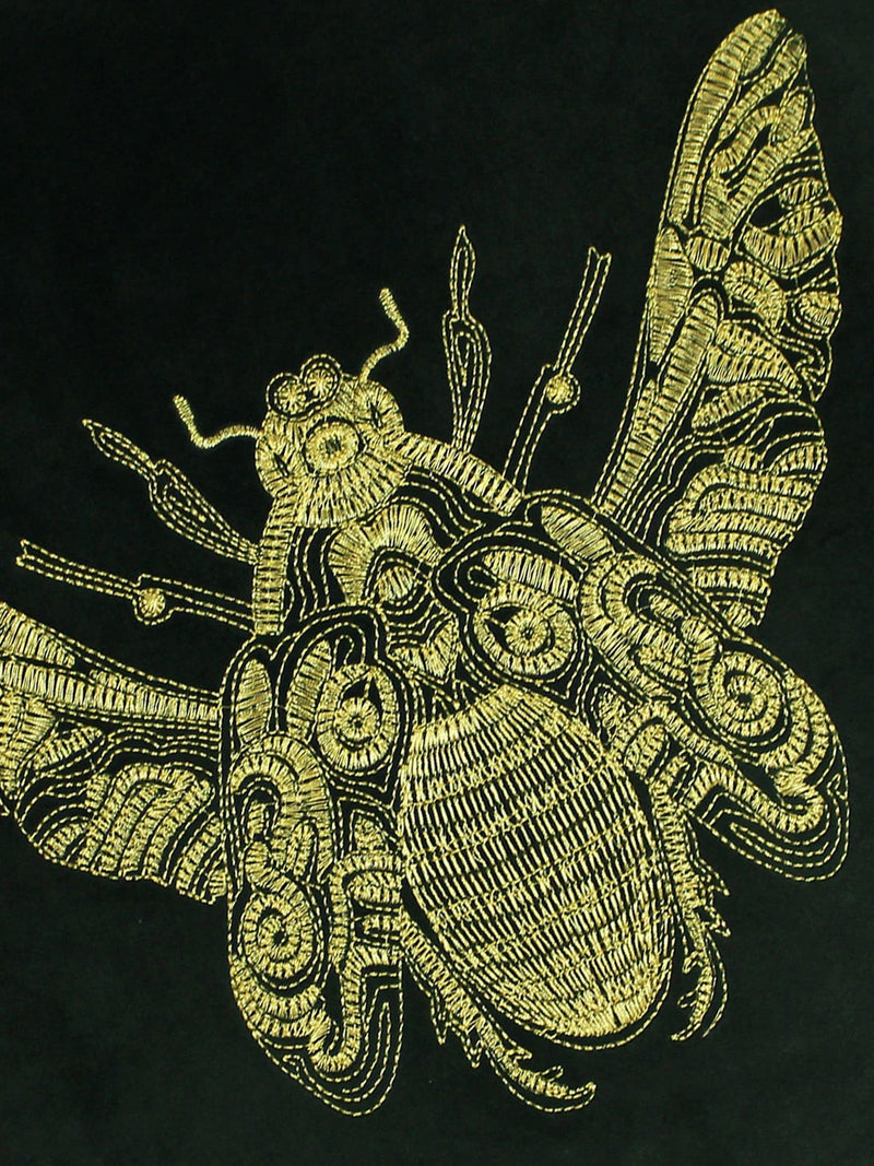 Riva Paoletti emerald green velvet cushion with gold bee (British brand)
