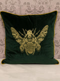 Riva Paoletti emerald green velvet cushion with gold bee (British brand)