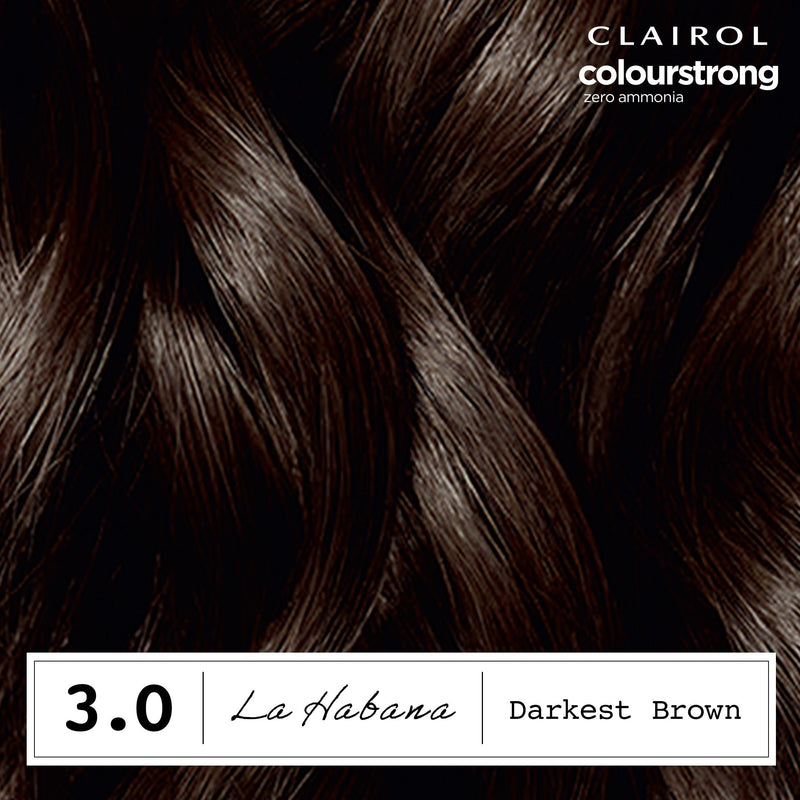 Clairol Colour Strong permanent hair dye Darkest Brown 3.0, imported from the UK