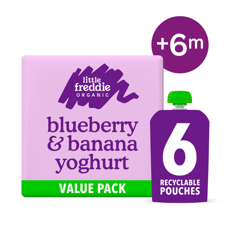 Little Freddie organic blueberry banana yoghurt baby food pouch 6 pack, UK version