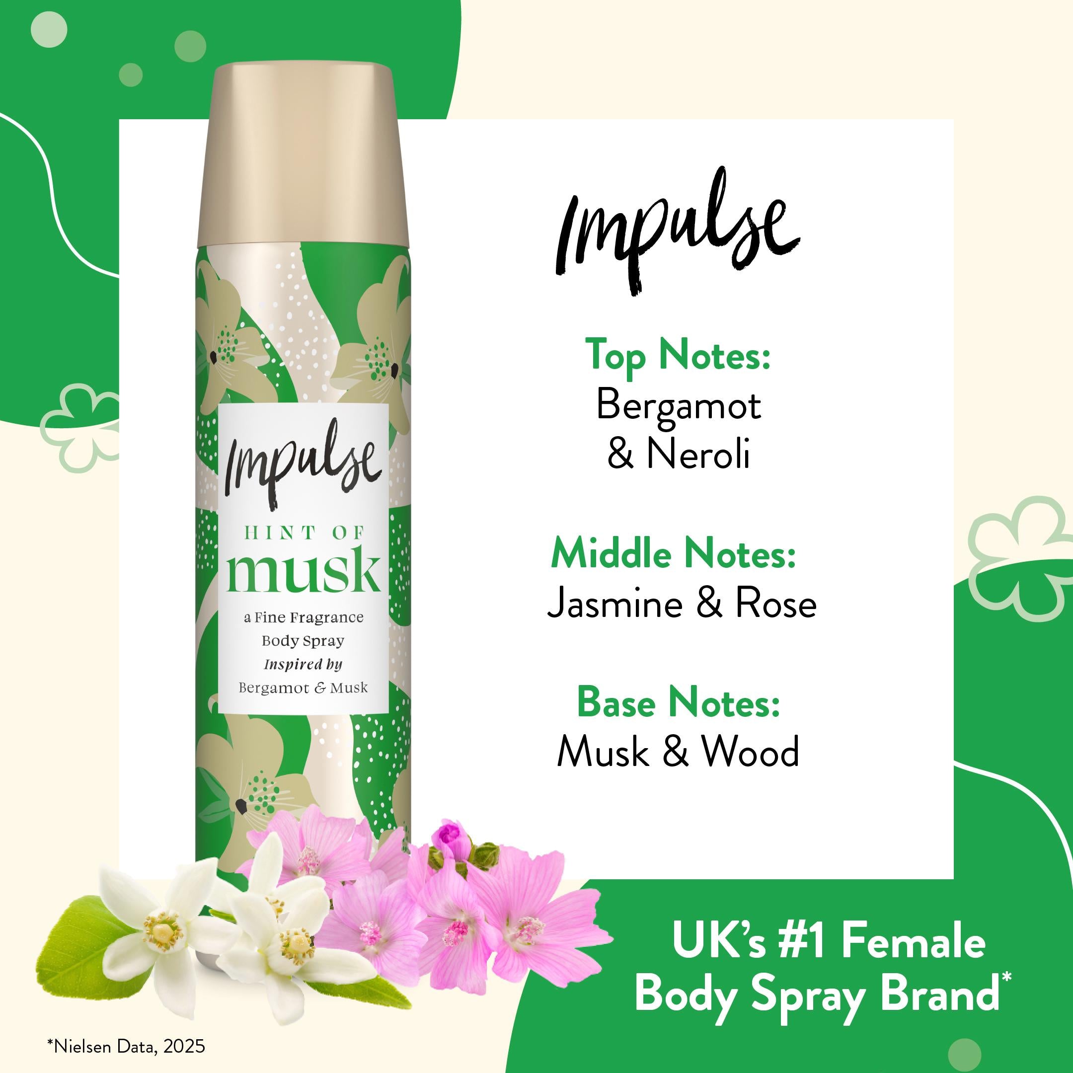 Impulse Hint of Musk body spray deodorant 75ml, imported from the UK