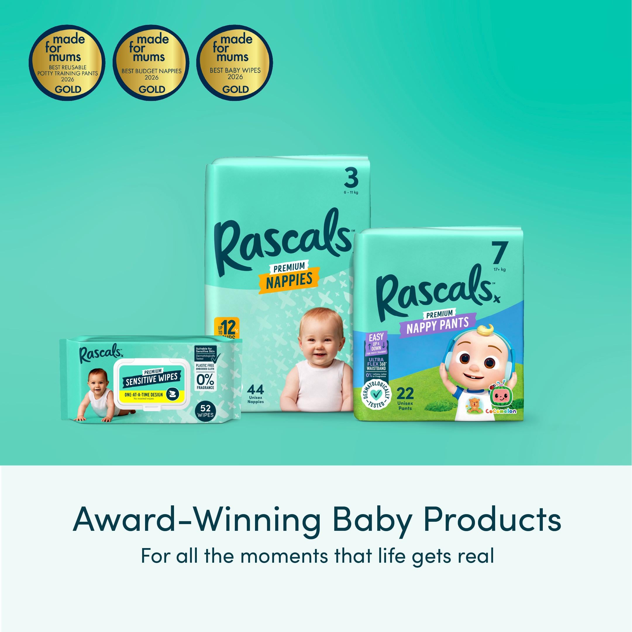 Rascals Premium Nappies Size 3 44 Pack, imported from the UK
