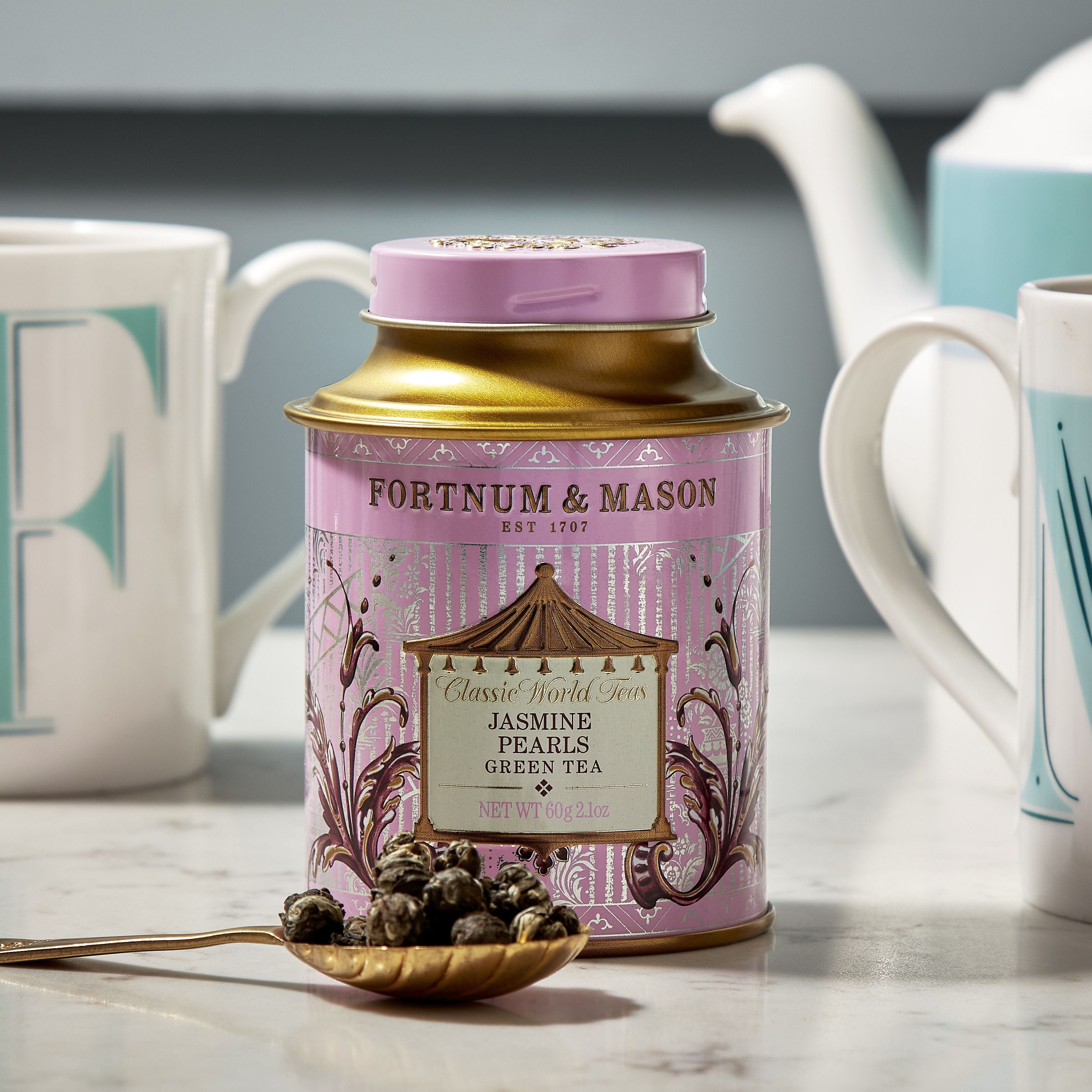 Jasmine Pearls loose leaf tea in 60g tin, UK version
