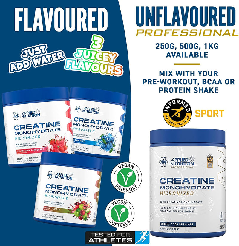 Applied Nutrition creatine monohydrate powder strawberry raspberry 250g tub - British product