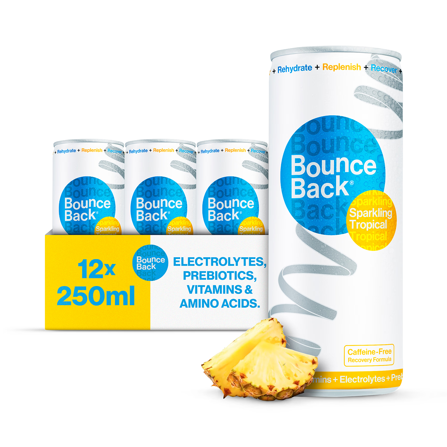 Bounce Back tropical recovery drink case of 12 250ml cans, imported from the UK