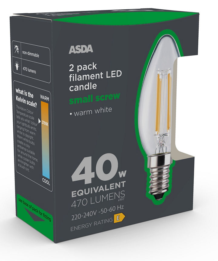 ASDA LED Filament Candle 40W Small Screw Clear Lightbulb General Household ASDA   