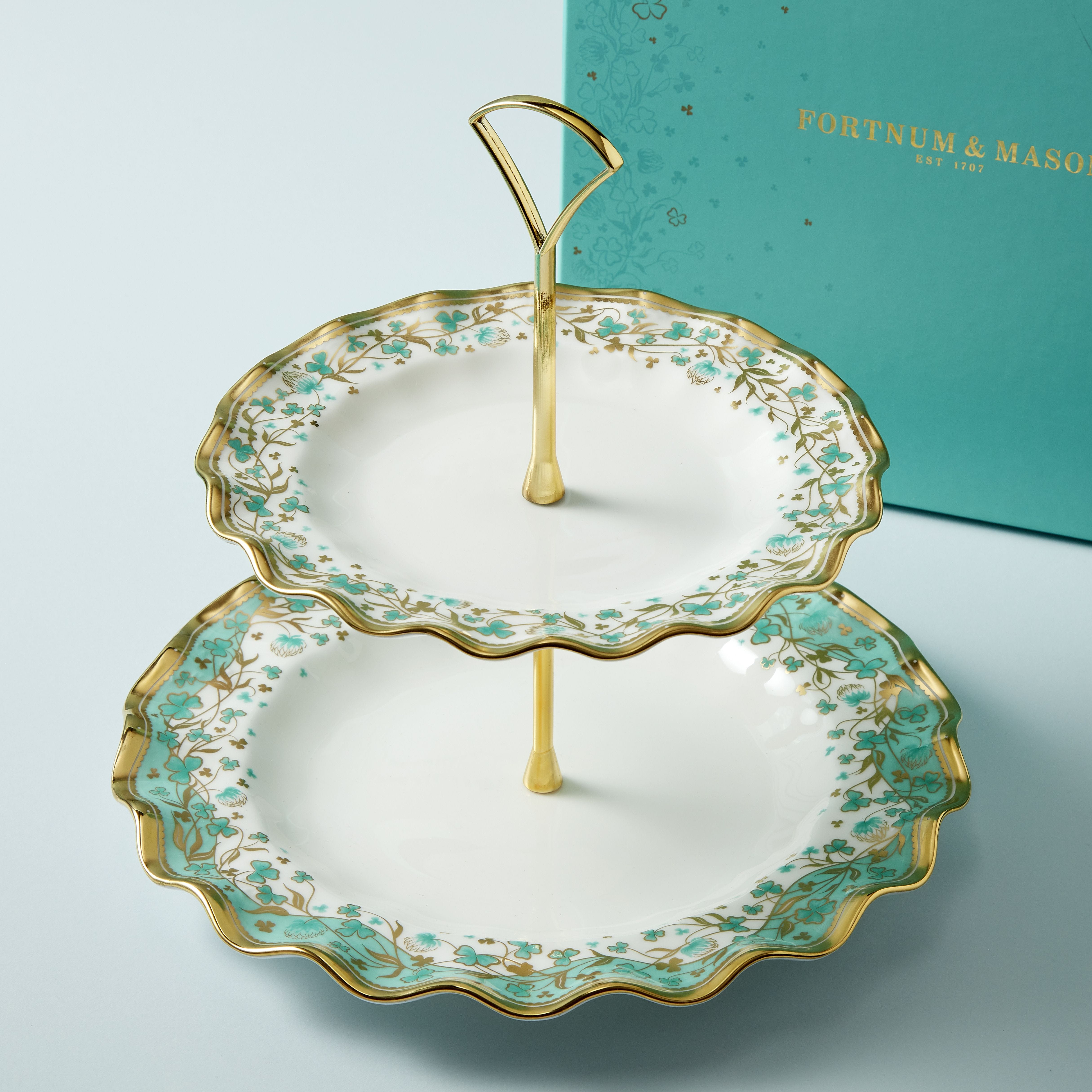 Fortnum's Cloverleaf bone china cake stand, hand-finished - British product