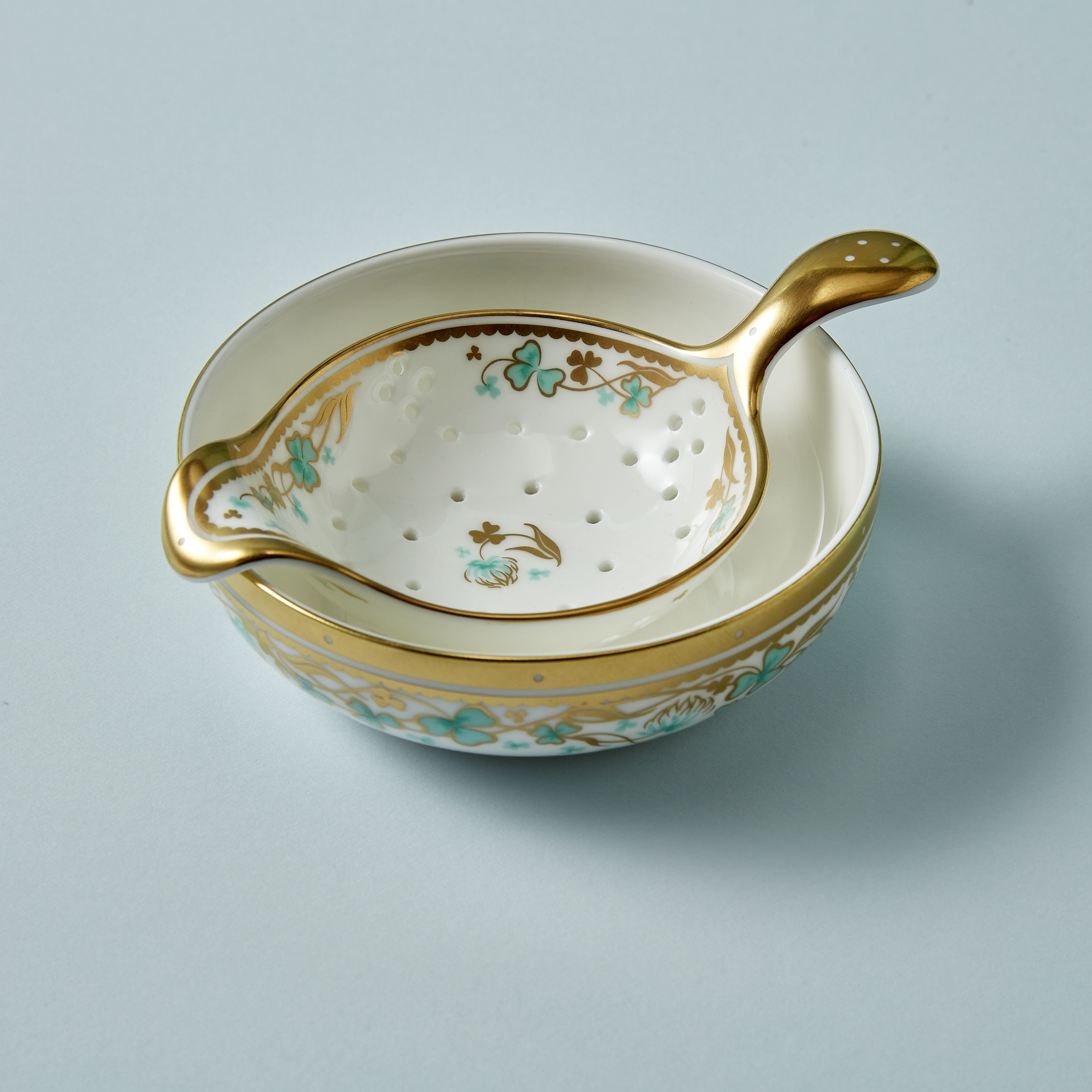 Fortnum's Cloverleaf Tea Strainer bone china with gold detail - British product