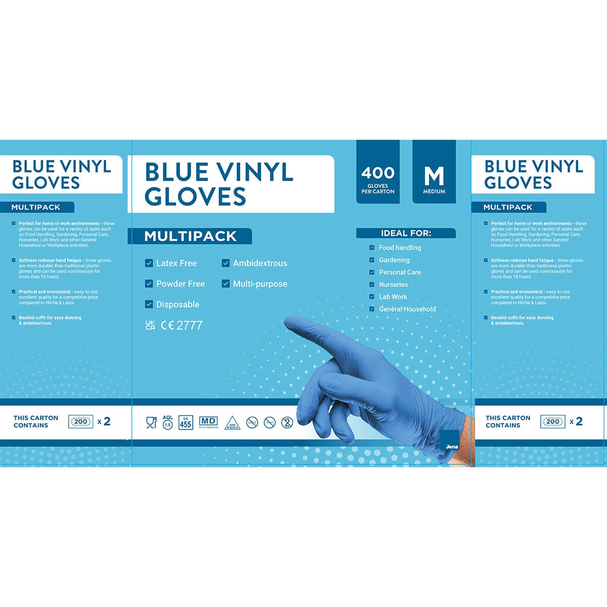 Jena blue vinyl gloves medium 400 pack (British brand)