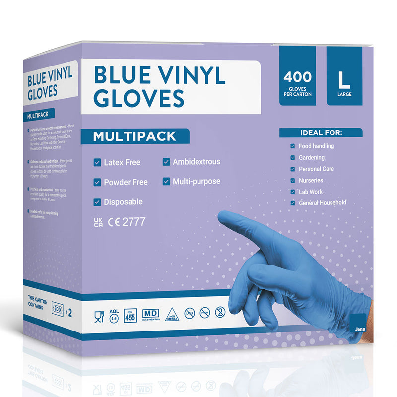 Jena blue vinyl gloves 2 options 400 pack, UK version