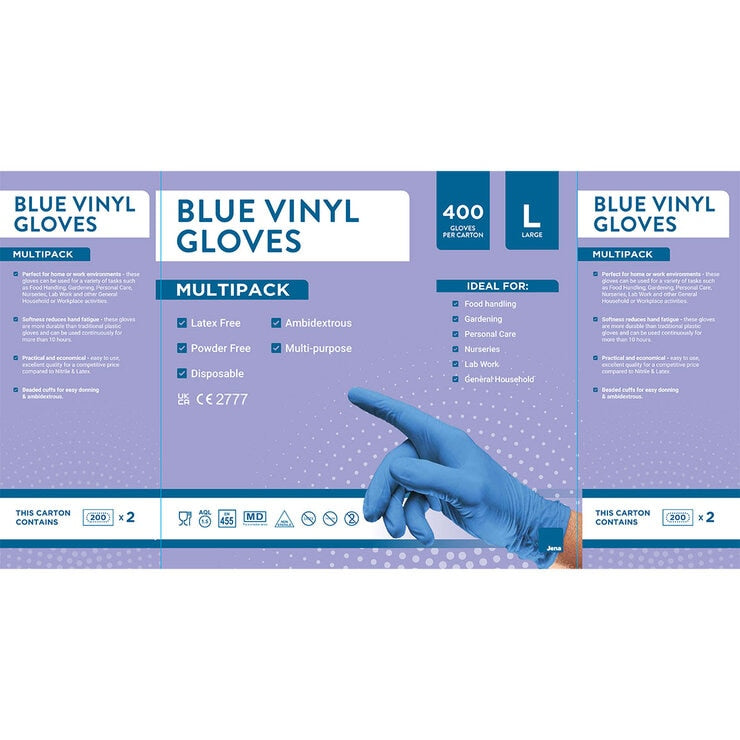 Jena Blue Vinyl Gloves Large 400 Pack - British product