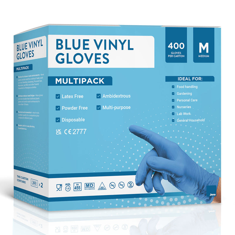 Jena blue vinyl gloves medium 400 pack (British brand)