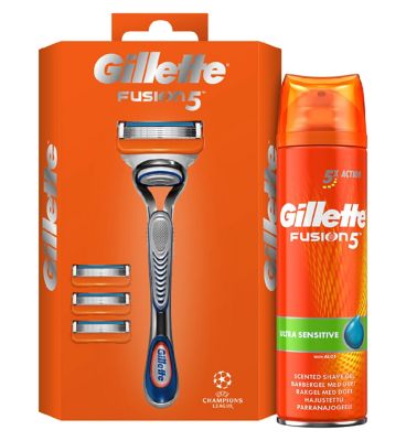 Gillette Fusion5 Starter Kit & Moisturising Shave Gel Bundle Men's Toiletries Boots   