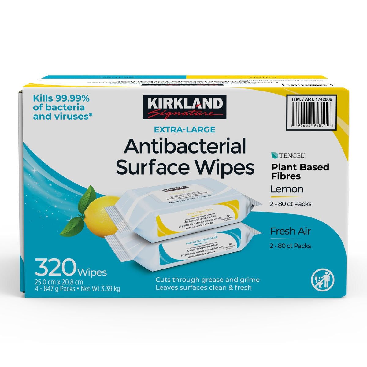 Kirkland Signature Antibacterial Surface Wipes, 4 x 80 Wipes (320 Sheets) GOODS Costco UK