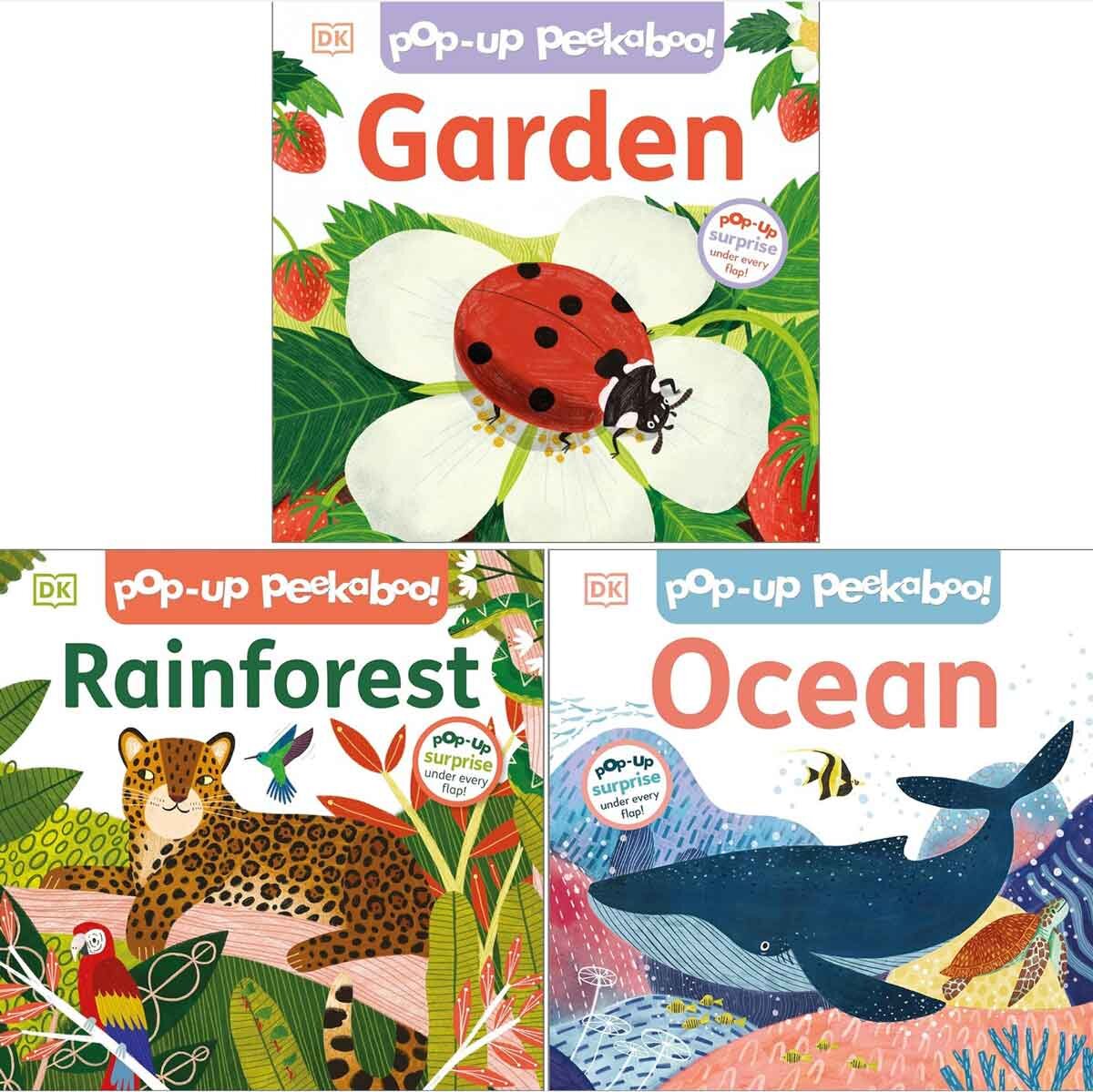 DK Pop-Up Peekaboo board book with Ocean, Rainforest and Garden themes (British brand)