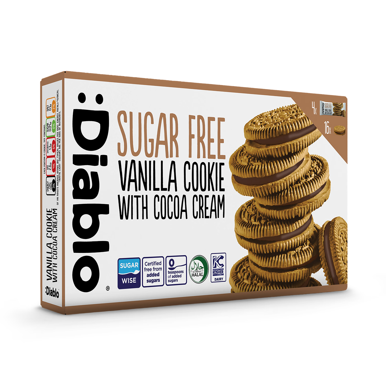 Diablo sugar free vanilla sandwich cookies cocoa cream 176g, UK version