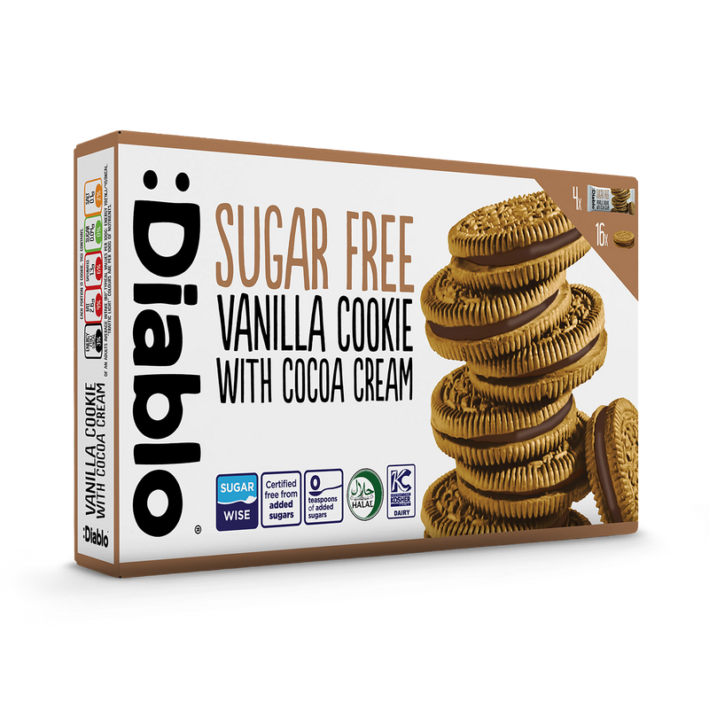 Diablo sugar free vanilla sandwich cookies cocoa cream 176g, UK version