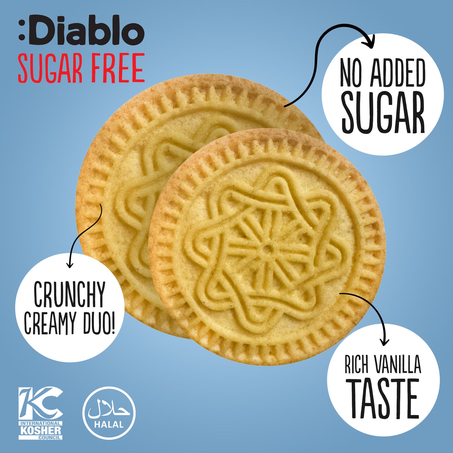 Diablo sugar free vanilla sandwich cookies cocoa cream 176g, UK version