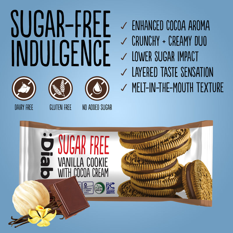 Diablo sugar free vanilla sandwich cookies cocoa cream 176g, UK version