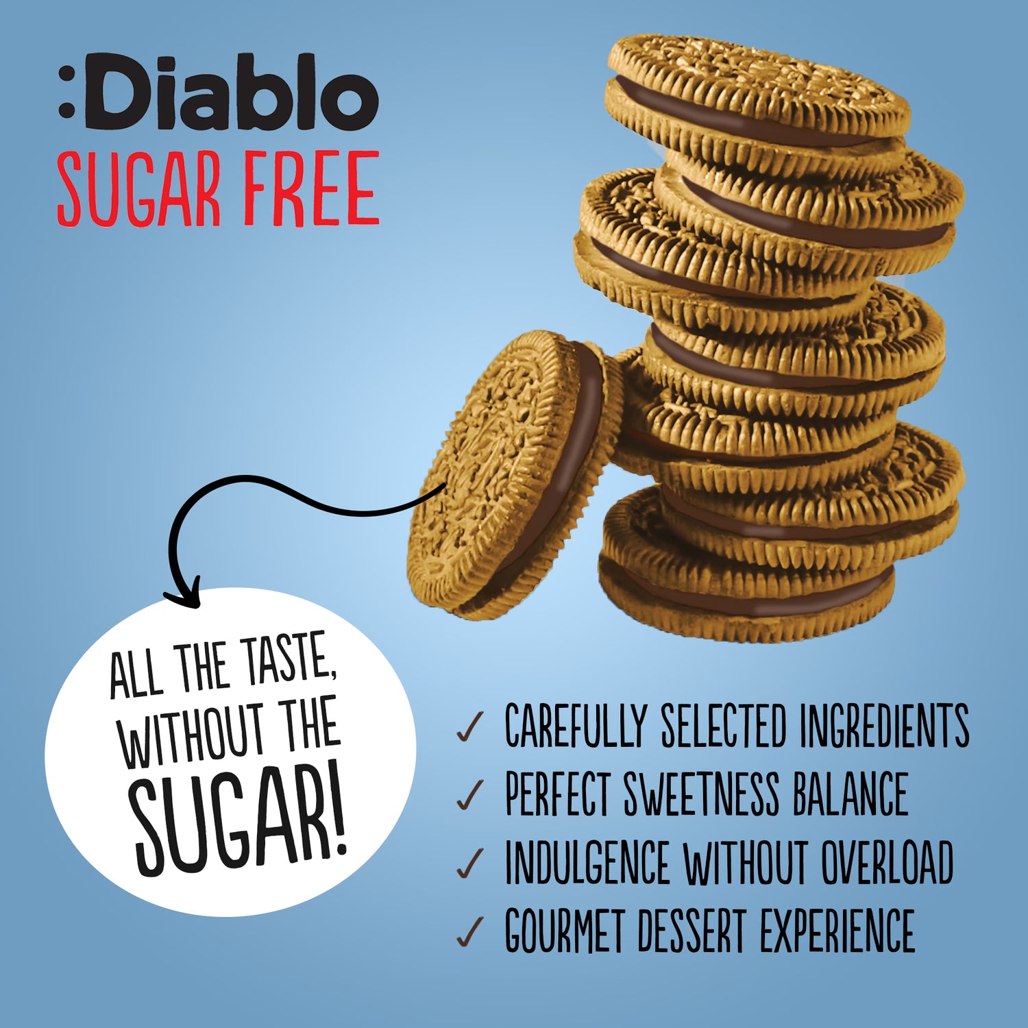Diablo sugar free vanilla sandwich cookies cocoa cream 176g, UK version