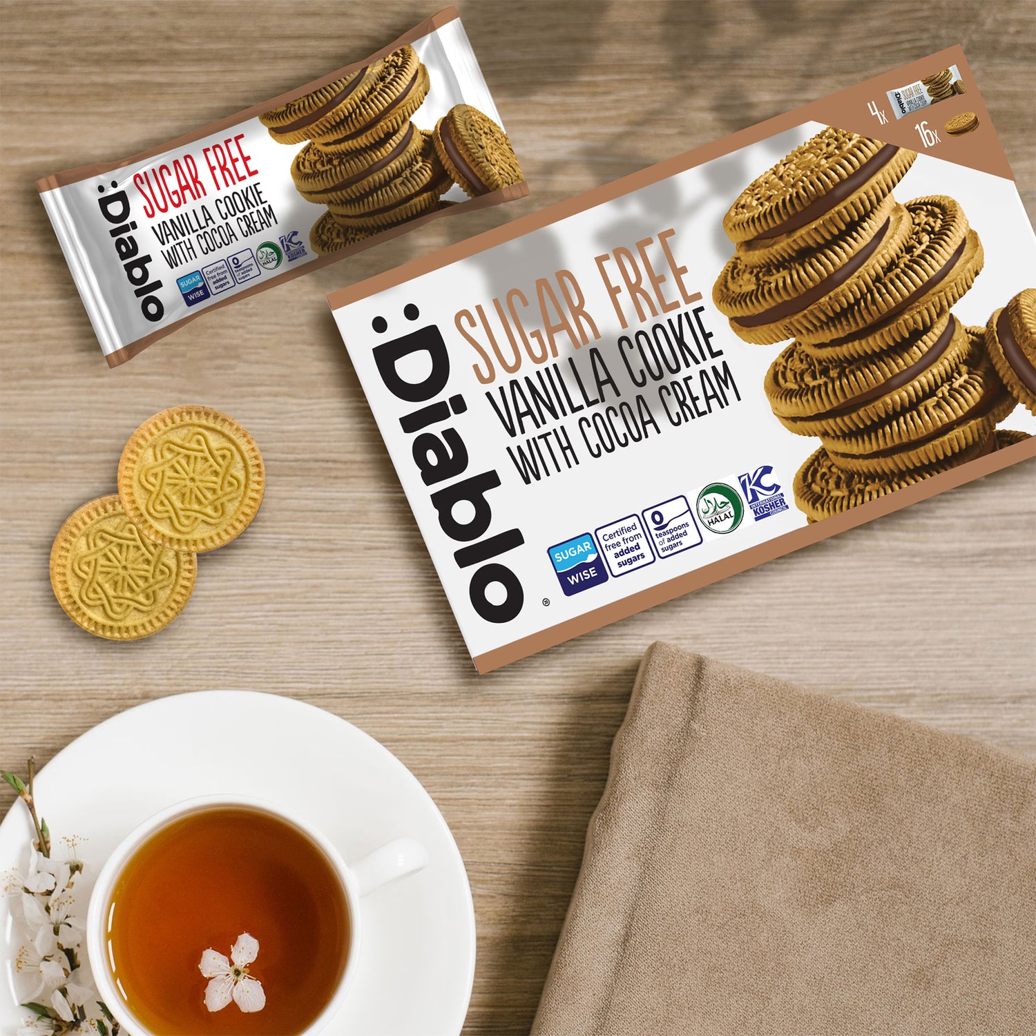 Diablo sugar free vanilla sandwich cookies cocoa cream 176g, UK version