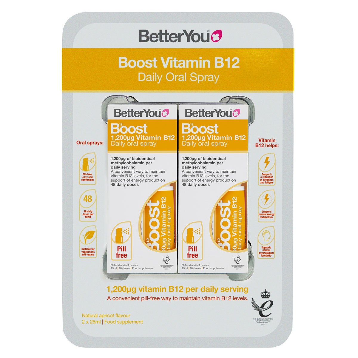 BetterYou Vitamin B12 Oral Spray Natural Apricot Flavour 2 x 25ml - British product