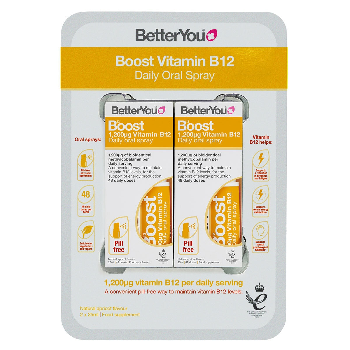 BetterYou Vitamin B12 Oral Spray Natural Apricot Flavour 2 x 25ml - British product