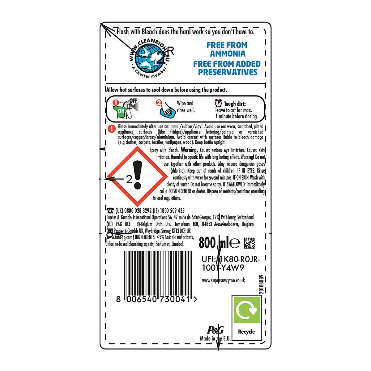 Flash spray with bleach 3 x 800ml - British product
