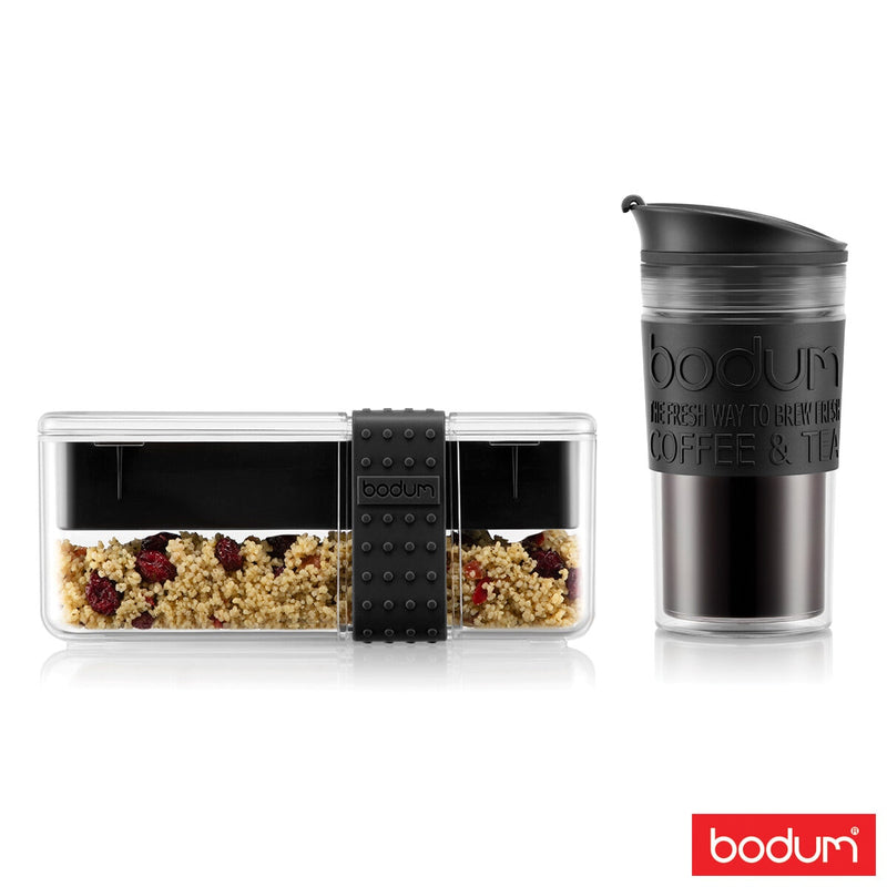 Bodum black lunch box and travel mug set with utensils, UK version
