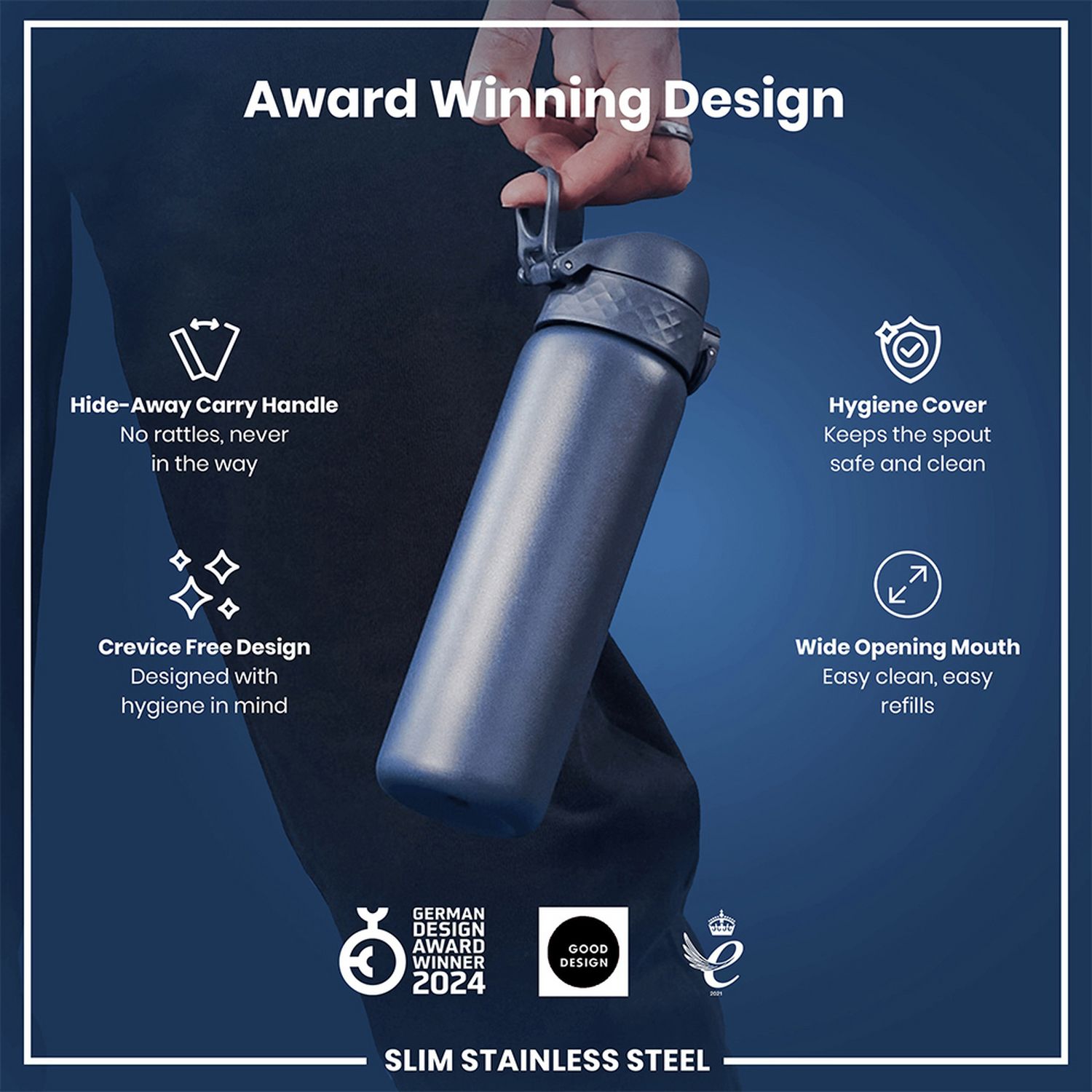 Ion8 Ash Navy water bottle 600ml, UK version