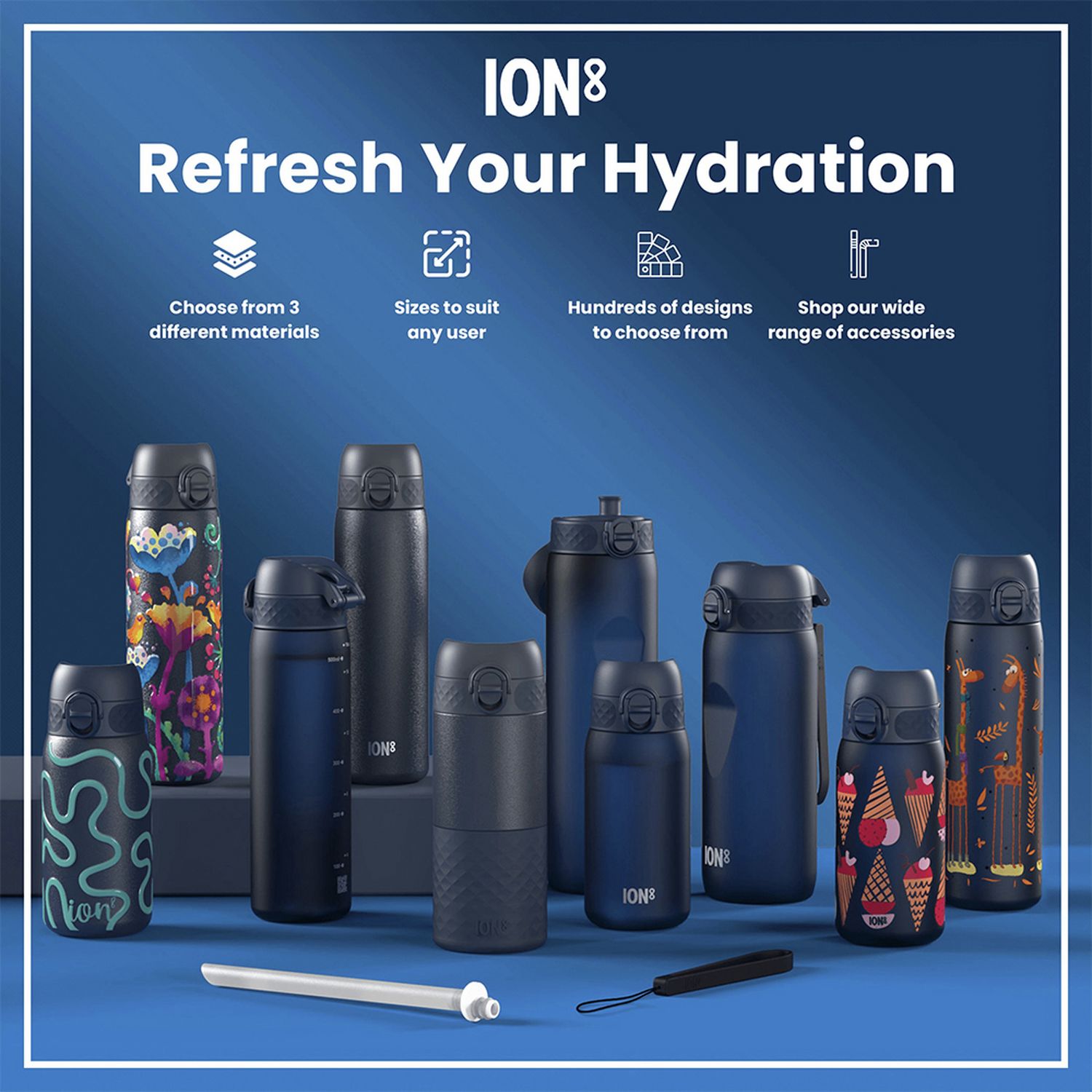 Ion8 Ash Navy water bottle 600ml, UK version