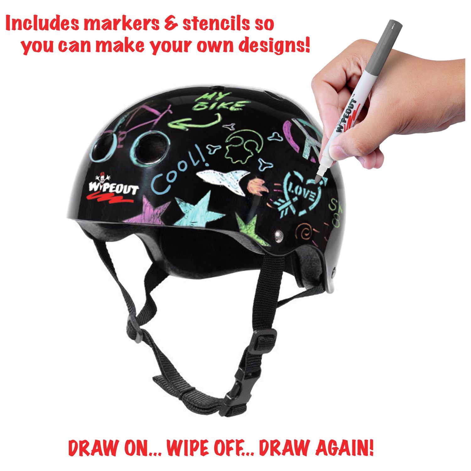 Wipeout dry erase kids bike helmet 52-56cm black (British brand)