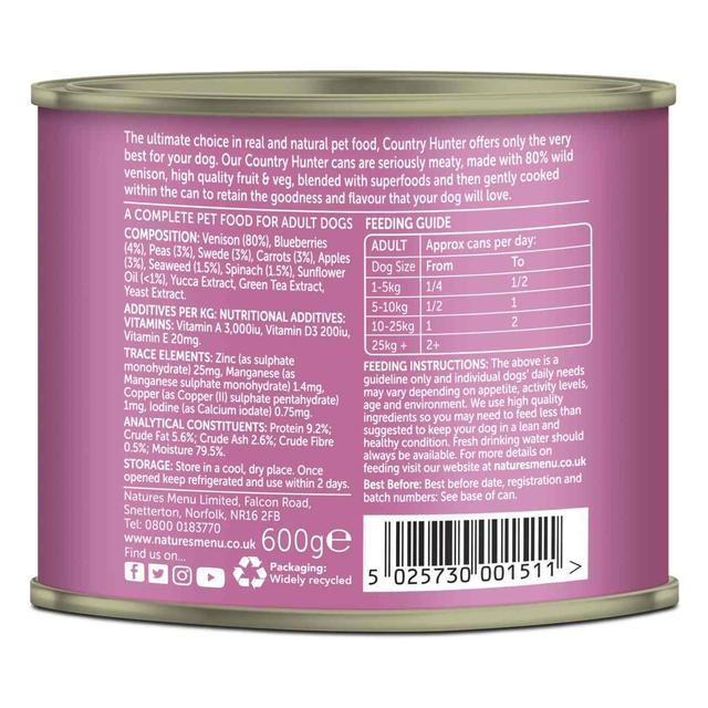 Natures Menu Country Hunter Venison Wet Dog Food Cans   6 x 600g GOODS M&S   