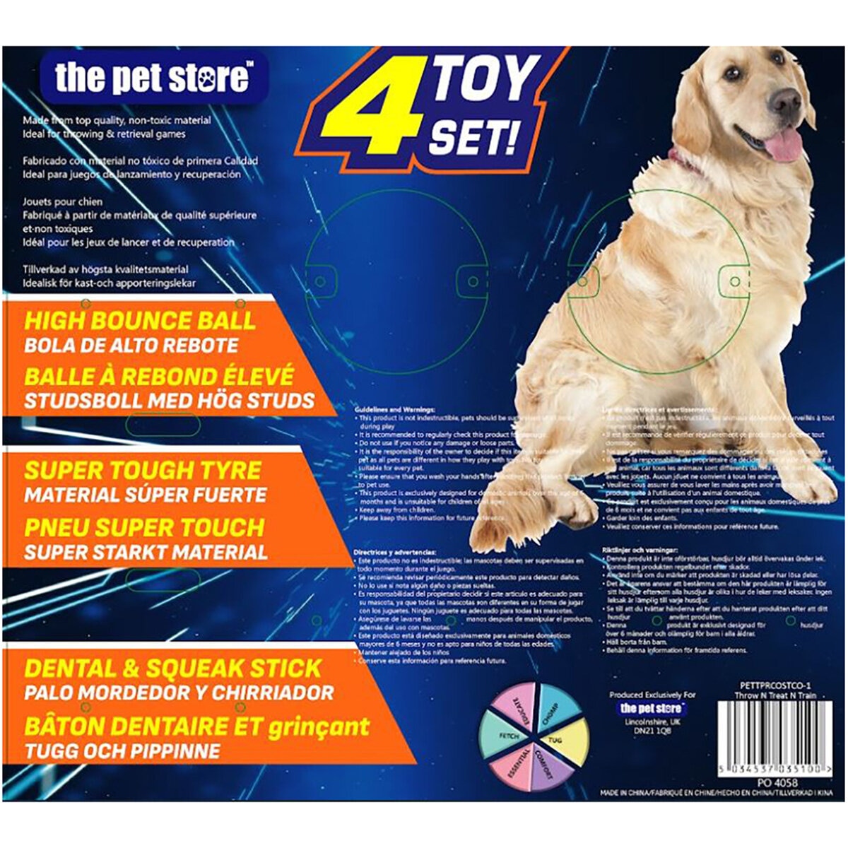 Durable Rubber Dog Toy Set with Balls, Tyre and Squeak Stick, 4 Pack