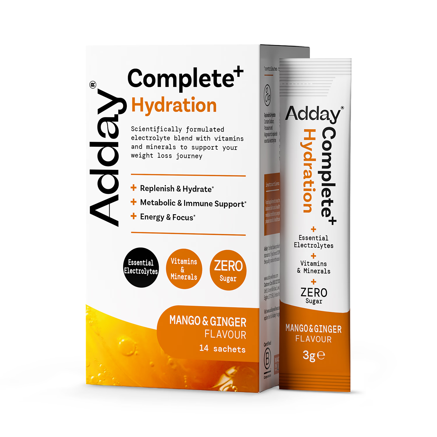 Adday Complete+ Hydration Mango & Ginger 14x3g sachets - British product