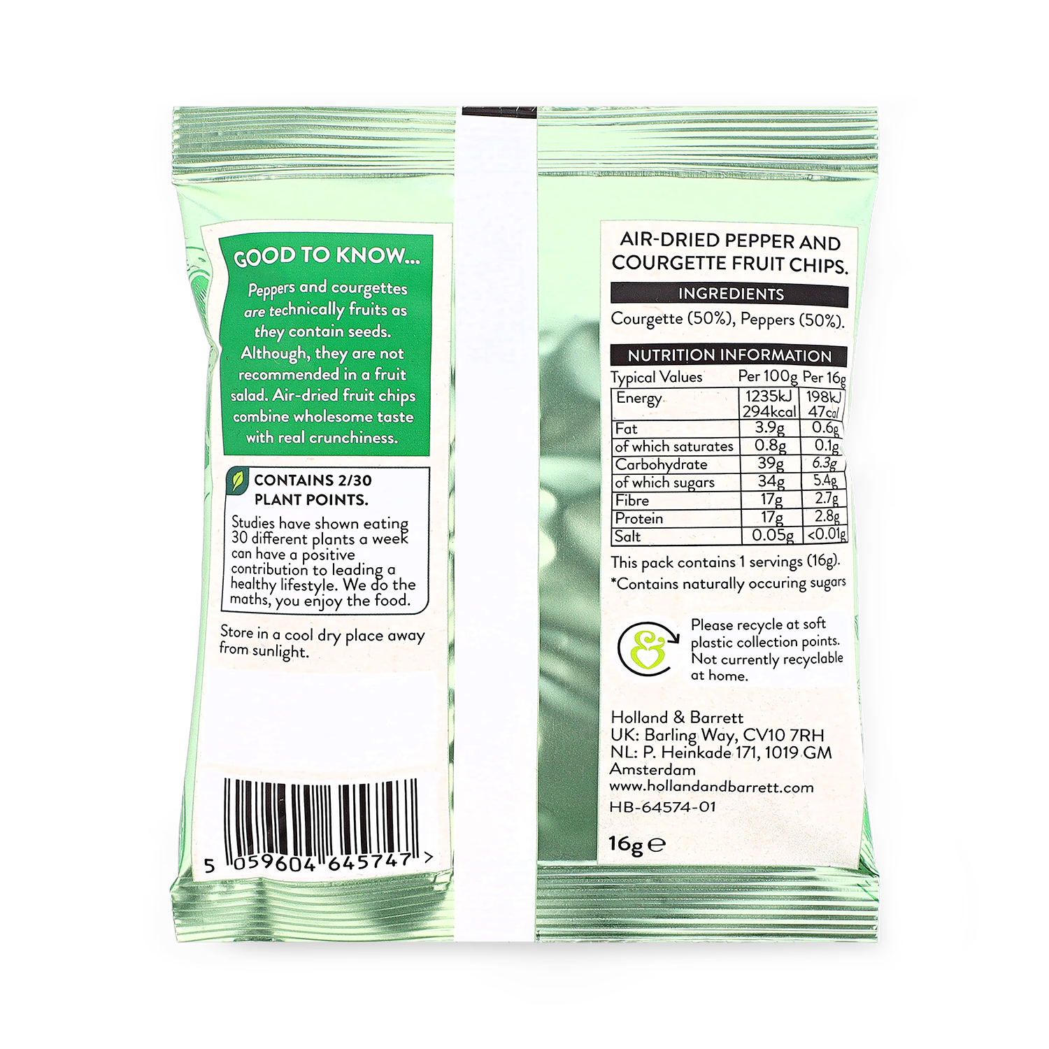 Holland & Barrett courgette pepper chips 16g, UK version