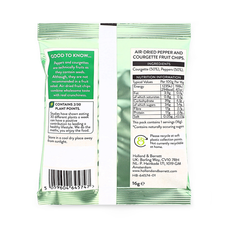 Holland & Barrett courgette pepper chips 16g, UK version