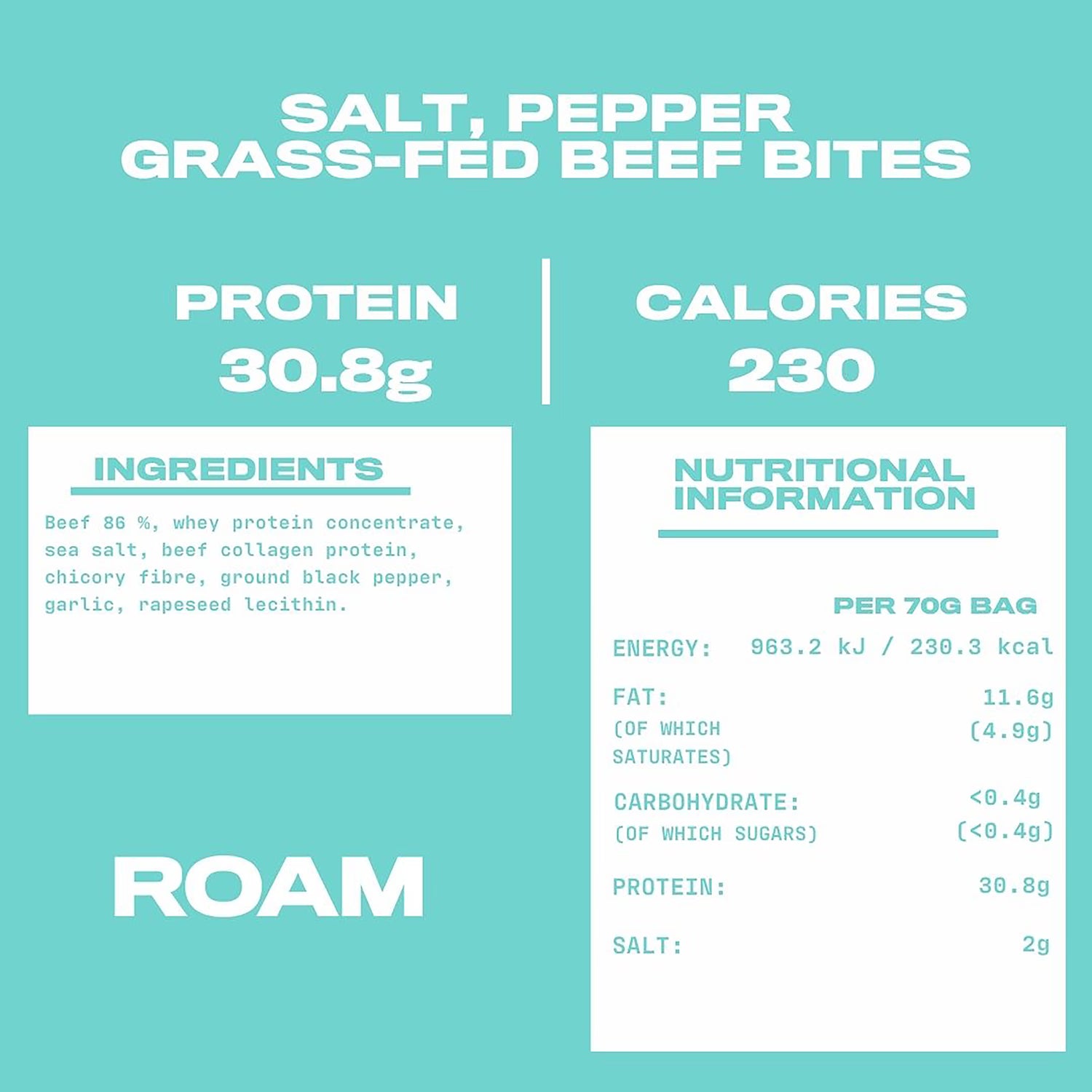 ROAM salt and pepper grass-fed beef bites 70g sharing bag (British brand)