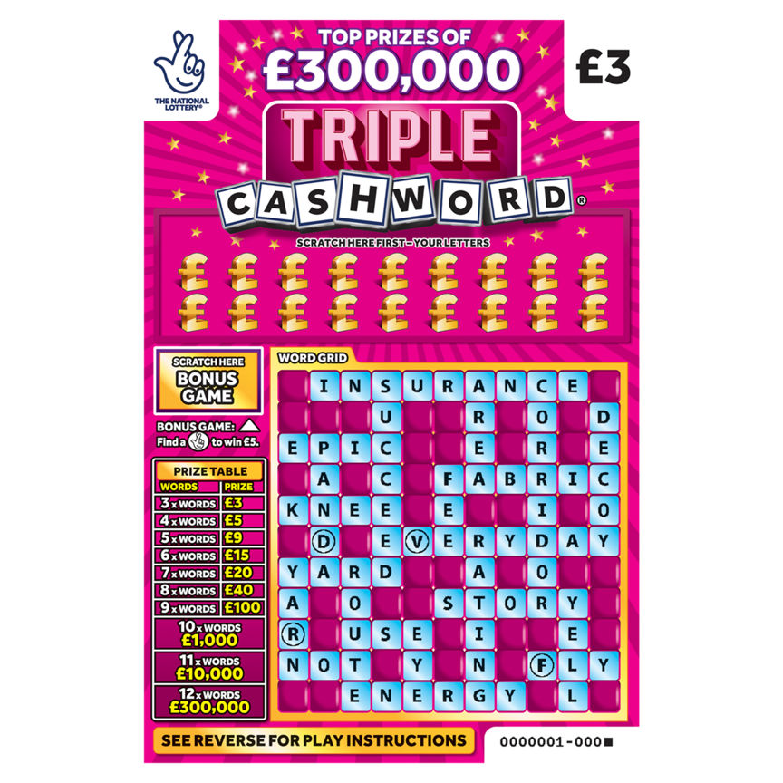 National Lottery £3 £300,000 Triple Cashword Pink Scratchcard Game GOODS ASDA   