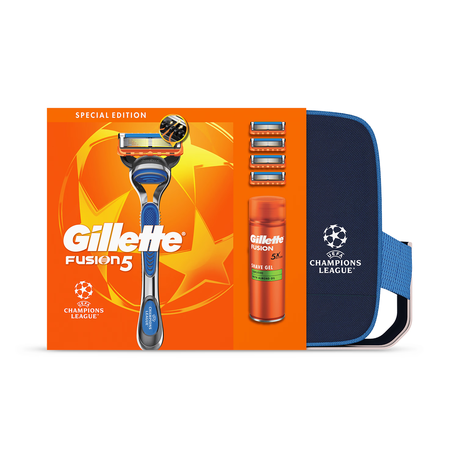 Gillette Fusion5 UCL razor set with gel and washbag, imported from UK